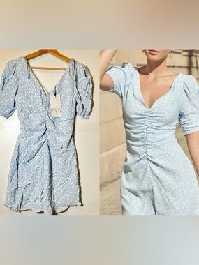 Zara Light Blue Polka Dot Ruched Mini Dress